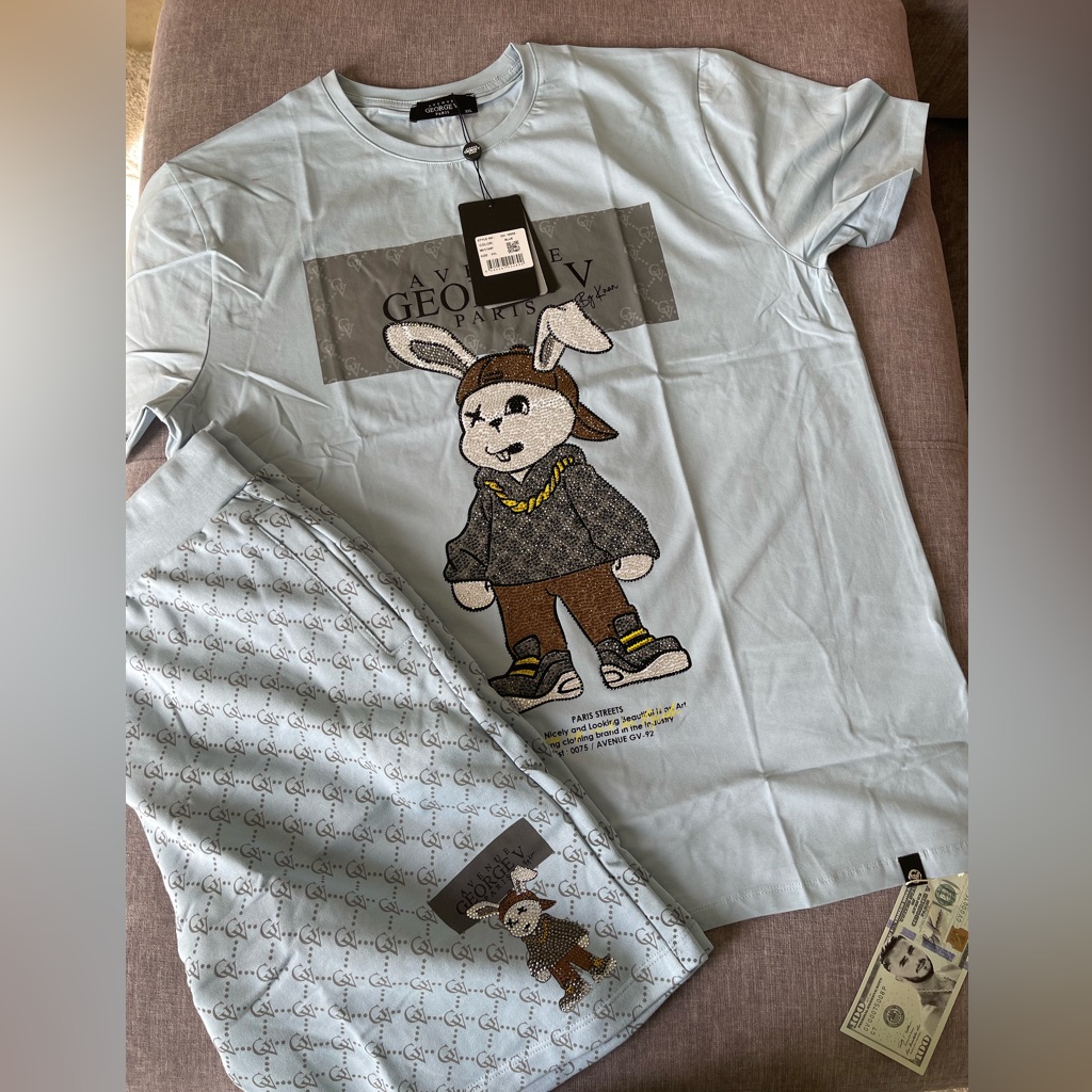 Avenue George V Paris Short Set Men's 2 Piece Set Blue Rabbit Rhinestone